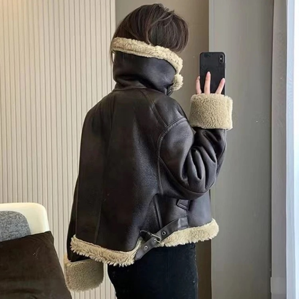 Influencer Famous Aviator Faux Sherling Faux Leather Buckle Moto Coat Jacket - Picture 7 of 14